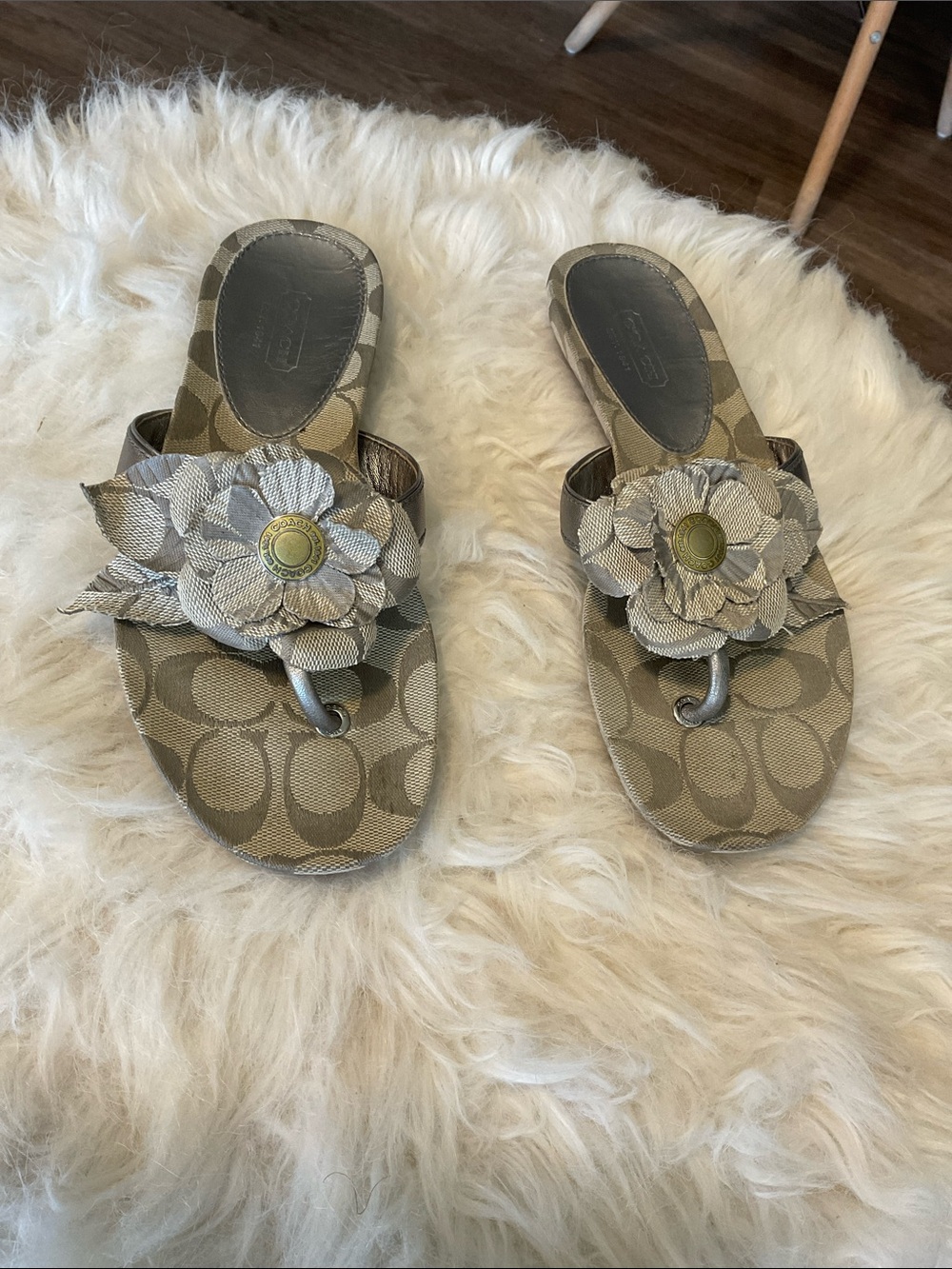 Coach Tan Signature Monogram Flower Thong Sandals